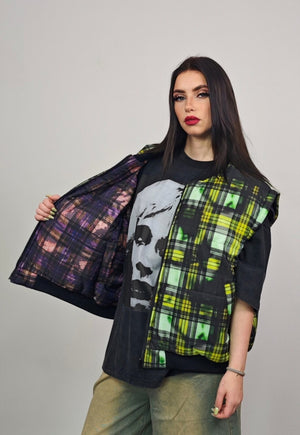 Tie-dye check varsity jacket green tartan reversible bomber