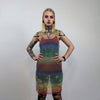 Transparent rainbow dress sleeveless Gay pride mesh gown LGBT rhinestone sundress see-through embellished frock party sheath diamante blouse