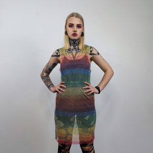 Transparent rainbow dress sleeveless Gay pride mesh gown LGBT rhinestone sundress see-through embellished frock party sheath diamante blouse