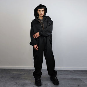 Hooded utility boilersuit workwear coveralls zip up racing jumpsuit cyber punk dungarees going out one-piece suit catwalk smock in black