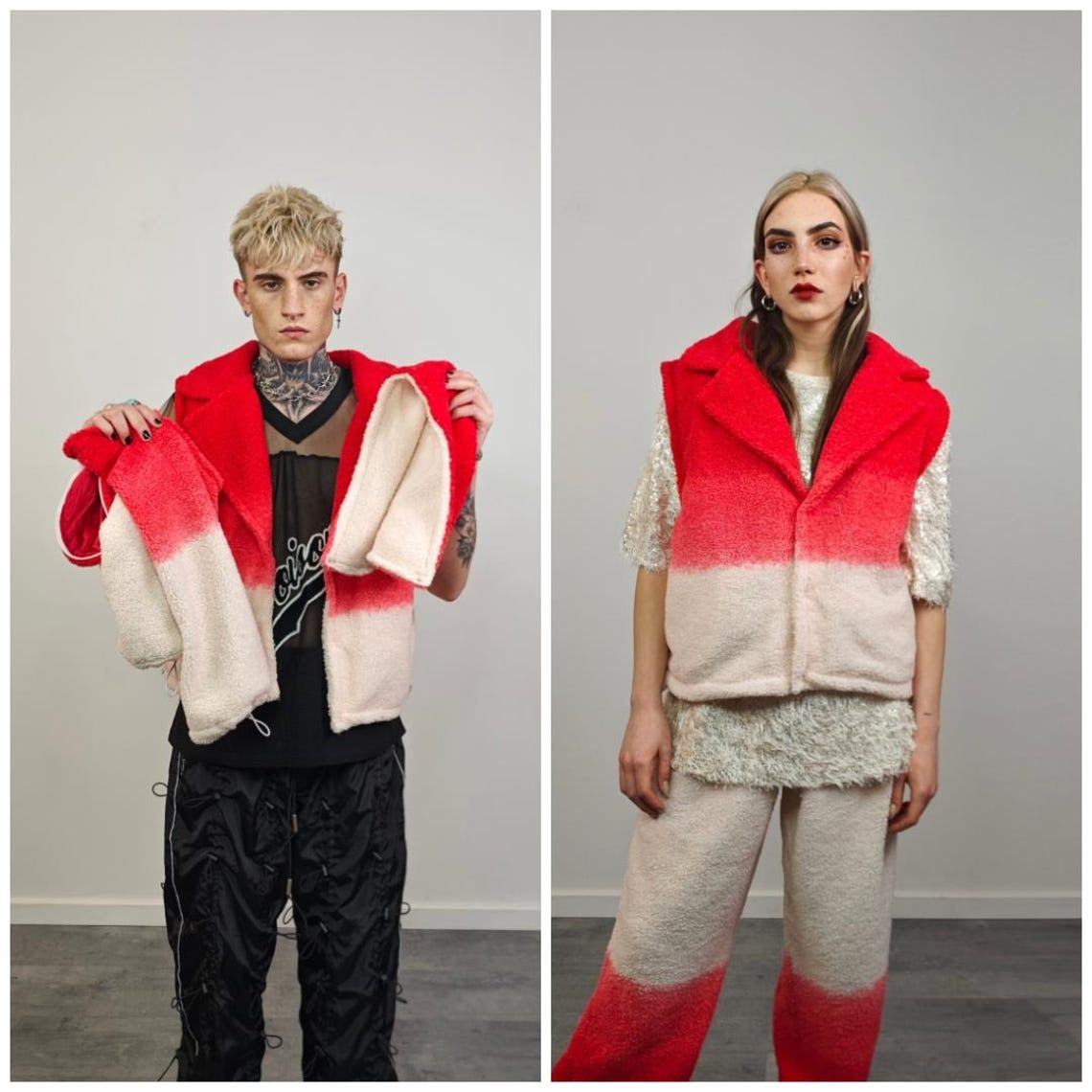 Cropped hooded fleece coat red gradient short rave jacket sports set burning man outfit detachable sleeves festival overcoat carnival trench