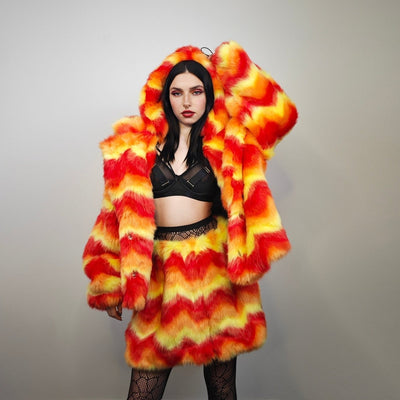 Faux fur skirt orange psychedelic midi fluffy fleece dress geometric flame bottoms carnival skirt elasticated waist burning man rave skirt