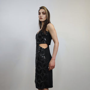 Sleeveless sequin dress cut-out gown open chest sundress embellished frock luxury going out sheath one size fancy dress blouse black