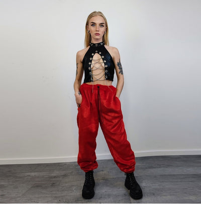 Red faux fur joggers winter raver pants fluffy skiing trousers mountain fleece overalls festival bottoms burning man pants