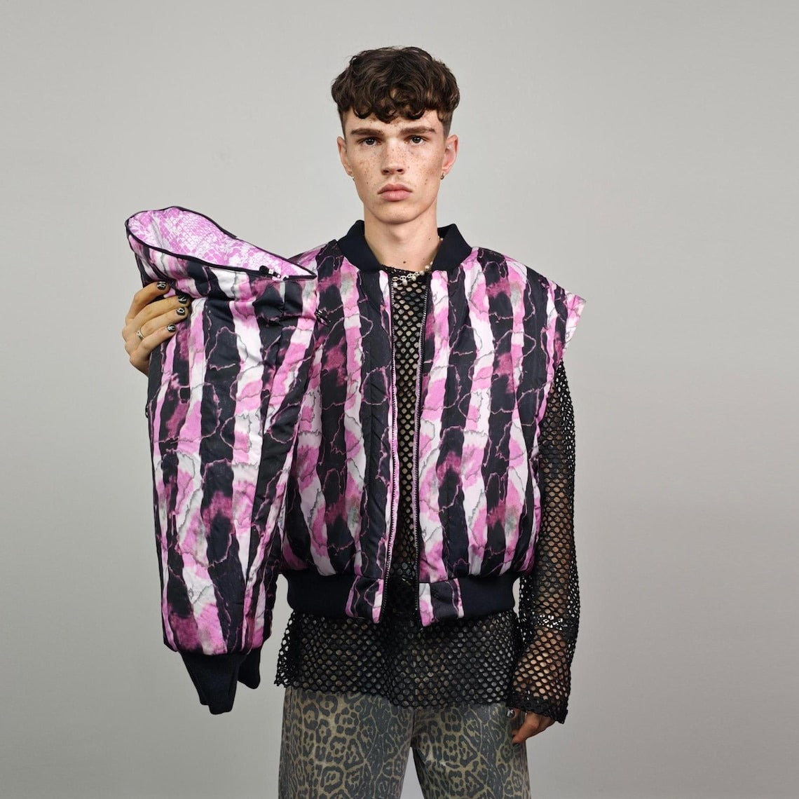 Pink snake bomber python print jacket raver reversible college varsity detachable sleeves handmade crocodile puffer grunge punk rocker coat