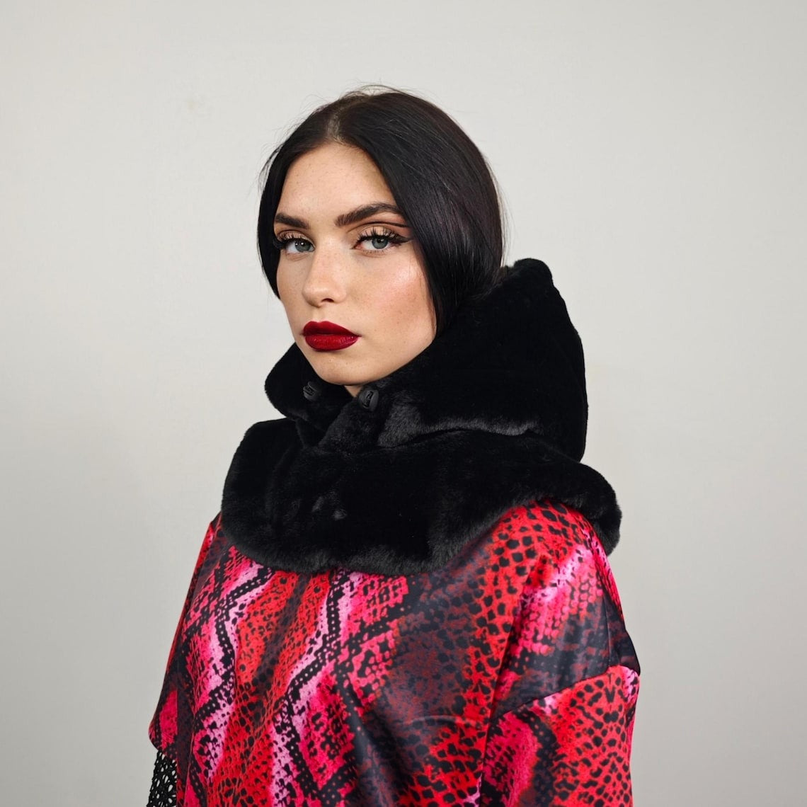 Faux fur hood pink leopard snood handmade hooded hat spot pattern all over fluffy fleece scarf unisex bucket grunge animal print headwear