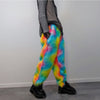 Rainbow faux fur joggers raver pants fluffy psychedelic trousers ski fleece unicorn overalls festival bottoms burning man pants in orange