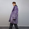 Checked faux fur longline coat geometric trench bright raver bomber fluffy winter fleece festival jacket neon burning man coat in purple