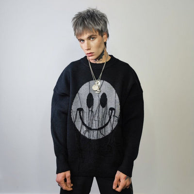 Emoji sweater smile print knitted jumper Gothic tassels top grunge long sleeve cartoon sweat in black