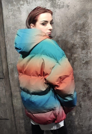 Gradient rainbow bomber tie-dye jacket yellow orange puffer