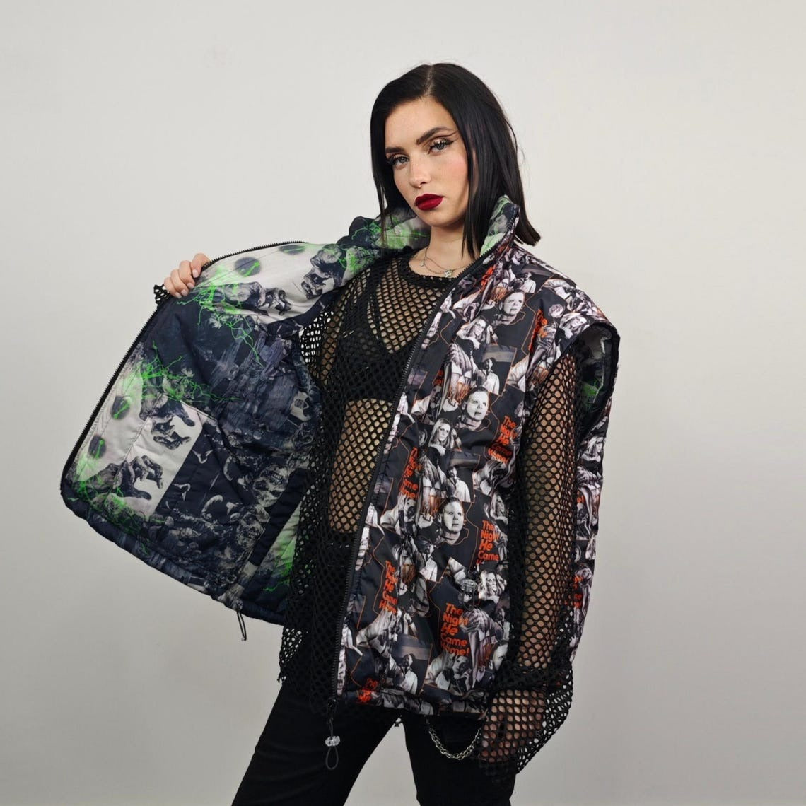 Zombie print jacket horror fan bomber reversible creepy punk college varsity detachable sleeves handmade gothic puffer hooded festival coat