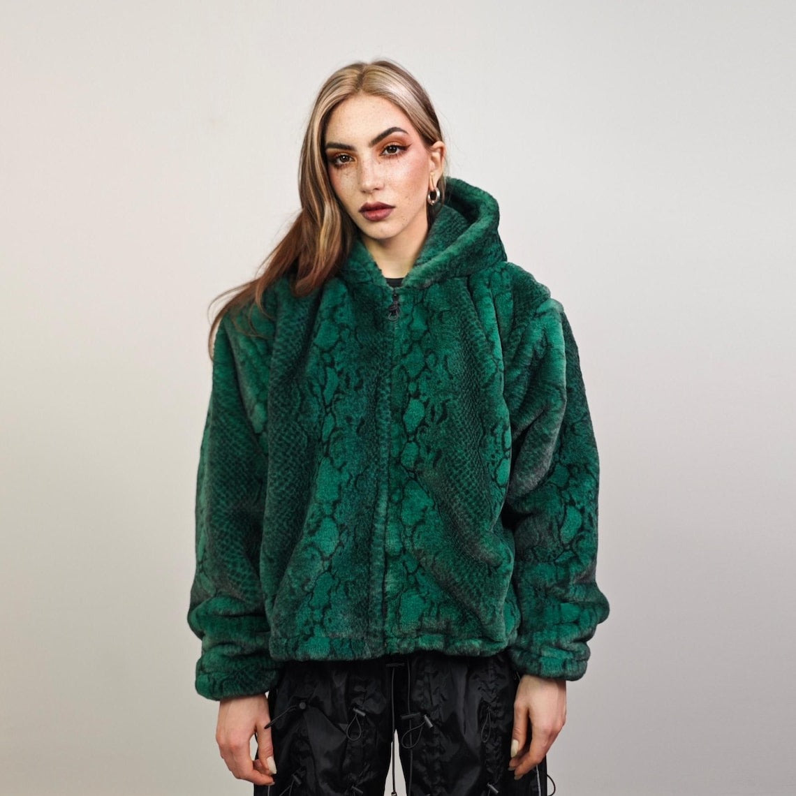 Snake faux fur joggers green python trousers crocodile pants rave fluffy overalls festival bottoms burning man fleece set