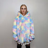 Hooded faux fur unicorn jacket rainbow bomber pastel raver coat fluffy tie-dye fleece festival puffer burning man barbie overcoat pink blue