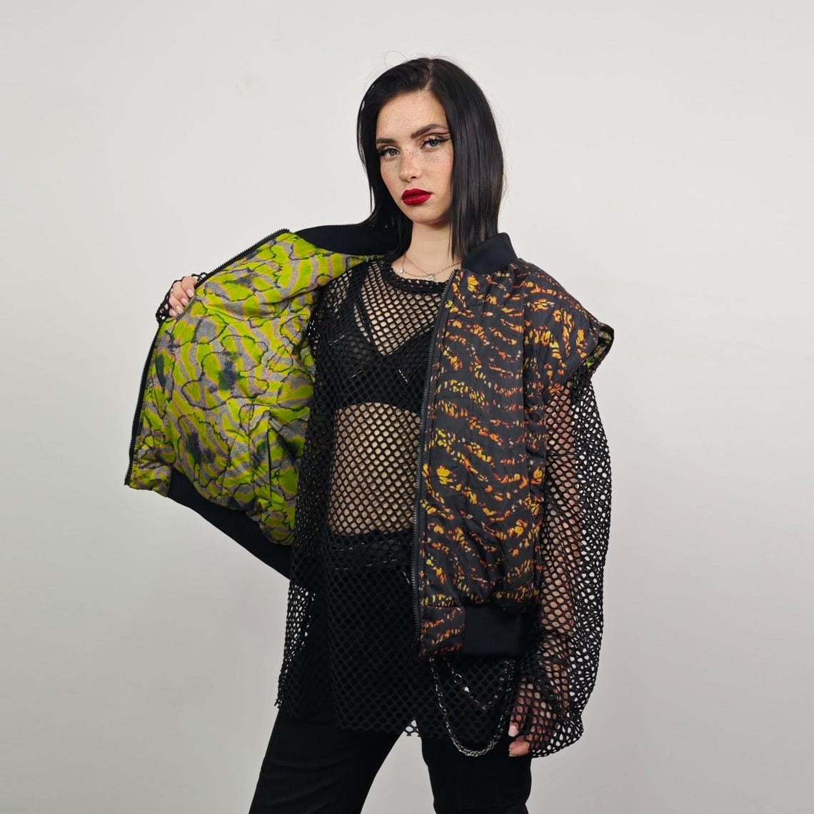 Psychedelic bomber animal print jacket green reversible tropical college varsity detachable sleeves handmade rave puffer festival neon coat