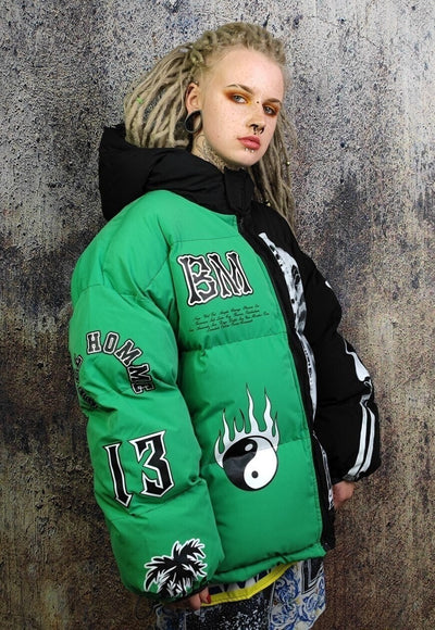 Skeleton puffer split colour bomber jacket grunge varsity