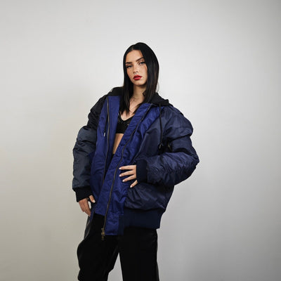 Hooded oversize bomber jacket blue colour block baggy utility MA1 90s college coat rapper windbreaker hip-hop rain jacket stitch rave puffer