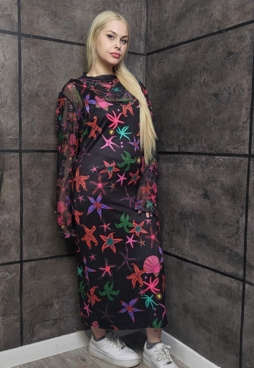 Sea life midi sleeveless dress ocean print long tee in black