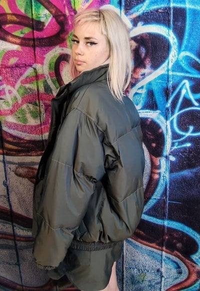 Luminous bomber shiny jacket reflective raver puffer green