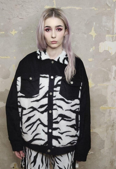 Animal print corduroy jacket zebra fleece patch bomber black