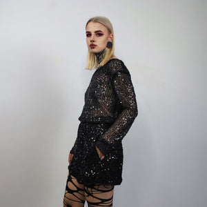 Transparent sequin top black embellished mesh sweatshirt sheer blouse shiny glam catwalk jumper party see-through top festival glitter tee