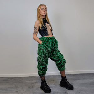 Leopard faux fur joggers winter raver pants fluffy animal print trousers skiing fleece overalls festival bottoms burning man pants in green