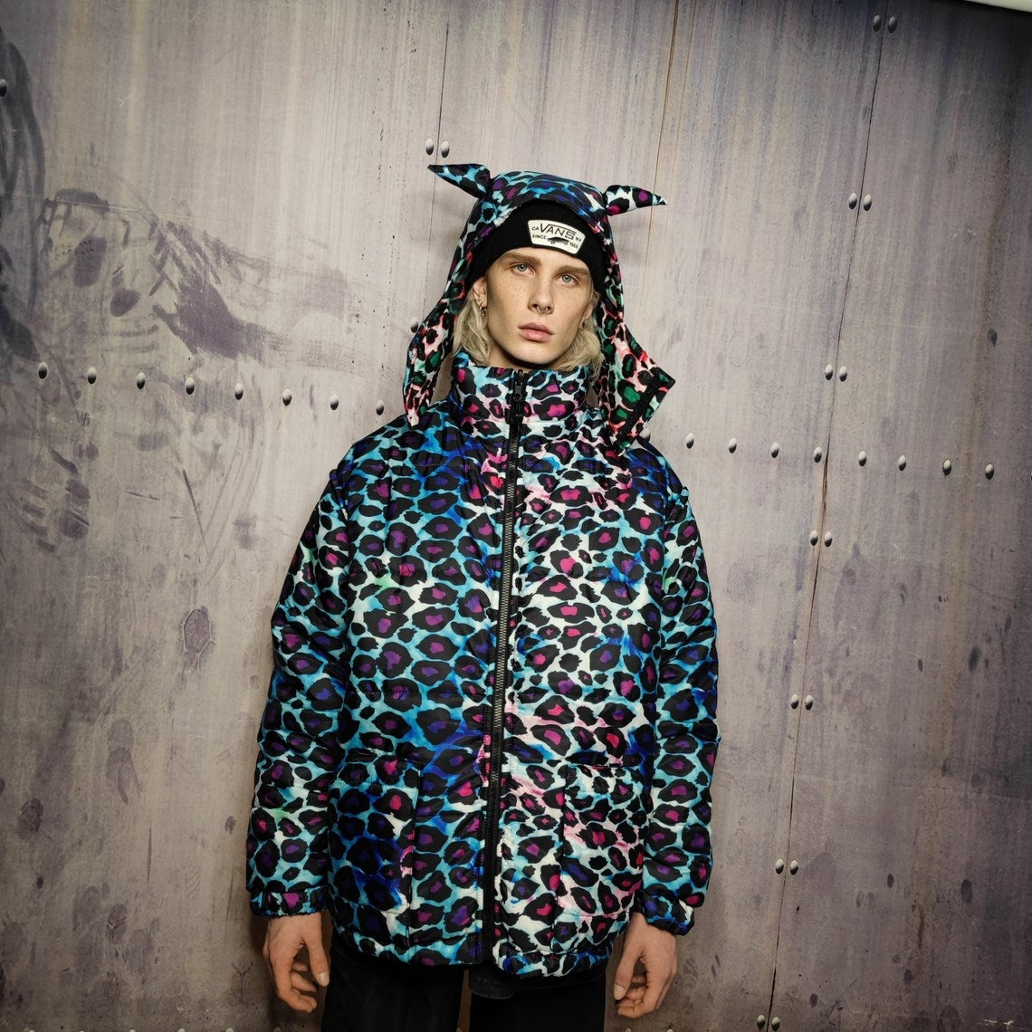 Leopard bomber handmade detachable animal print puffer reversible tie-dye raver jacket grunge devil horn coat two sided jacket in pink blue