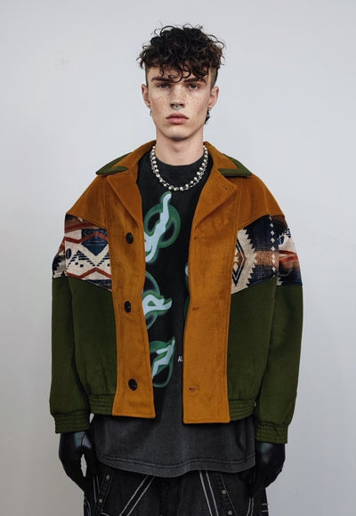 Native varsity jacket green suede feel retro Aztec bomber