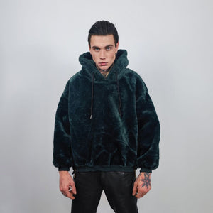 Hooded fleece jacket utility fluffy pullover faux fur punk hoodie side zippers lined Gothic jumper raver top in emerald green