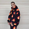 Luxury flame jacket fluffy fire print bomber handmade soft catwalk fleece puffer premium grunge hooded thunder coat in black orange red