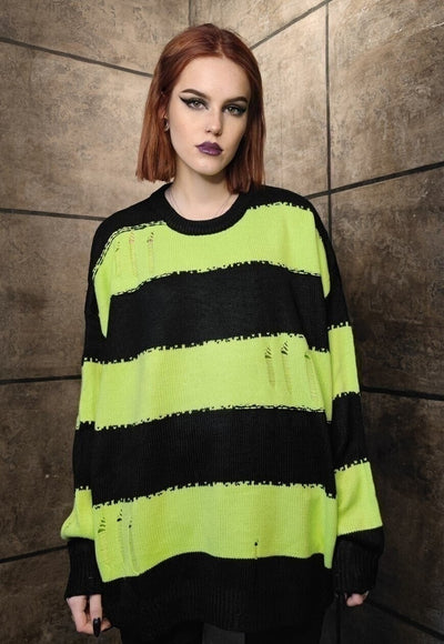 Punk stripe sweater distressed grunge jumper in green black