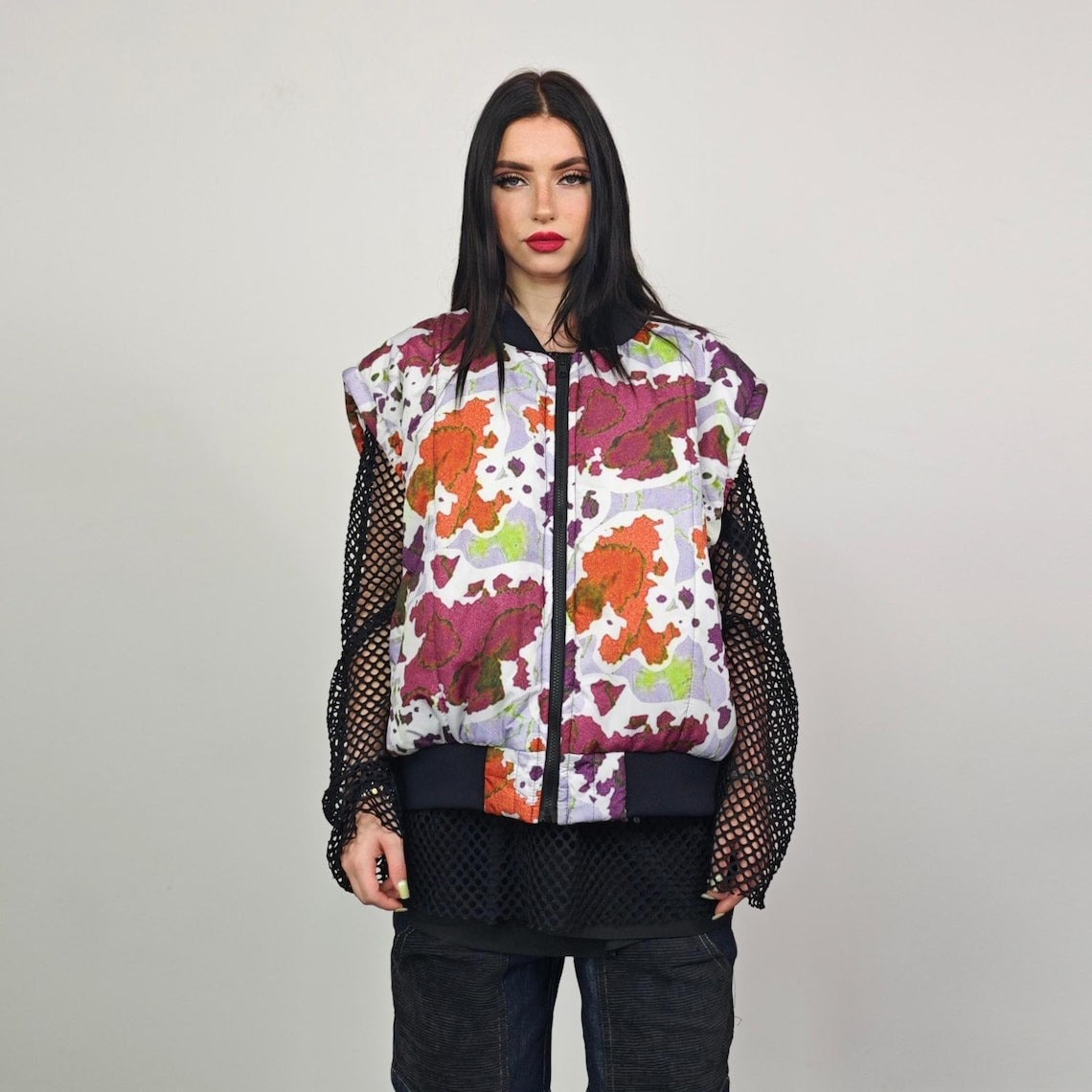 Leaves print bomber forest pattern jacket camo reversible military college varsity detachable sleeves handmade army grunge rocker coat green