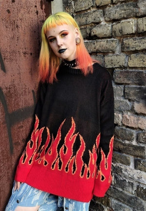 Box fit flame knitted sweatshirt red fire knitwear jumper