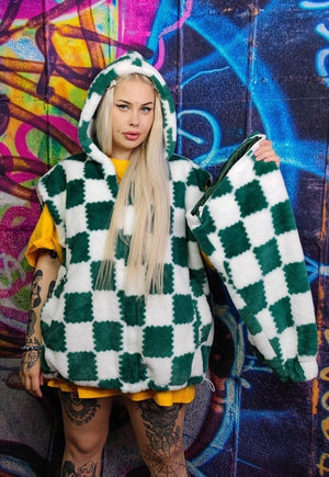 Check fleece hood jacket handmade fluffy chess bomber green