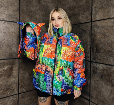 Bandanna bomber handmade detachable paisley puffer devil horn jacket cashew print coat two sided jacket in rainbow