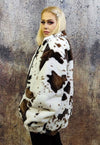 Cow fleece jacket faux fur fluffy animal print bomber brown