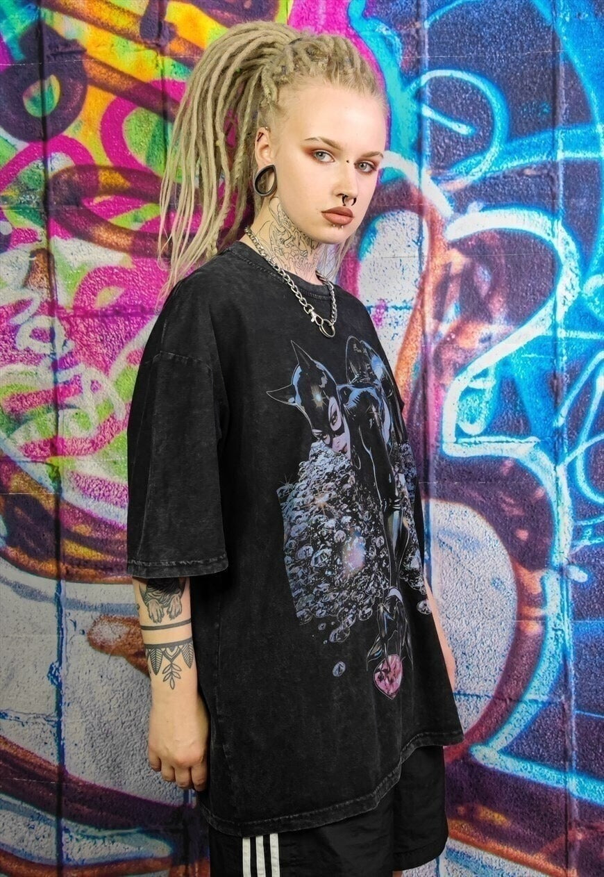 Catwoman t-shirt super hero tee retro punk top in acid black