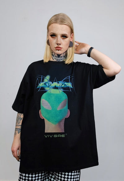 Raver print t-shirt techno tee futuristic cyber top in black