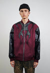 Flame patch jacket purple faux leather racing varsity bomber