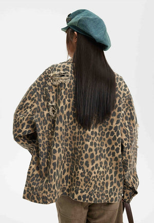 Leopard denim jacket button animal print jean bomber green