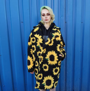 Floral fleece coat sunflower trench daisy pattern overcoat yellow rave bomber festival party jacket custom peacoat in yellow black