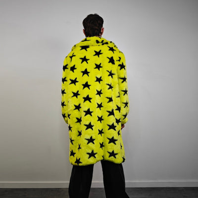 Star print fur coat yellow long heavy trench fluorescent psychedelic overcoat rave bomber festival geometric jacket custom going out peacoat