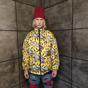 Emoji bomber handmade detachable smile print puffer reversible raver jacket grunge devil horn coat two sided jacket in yellow