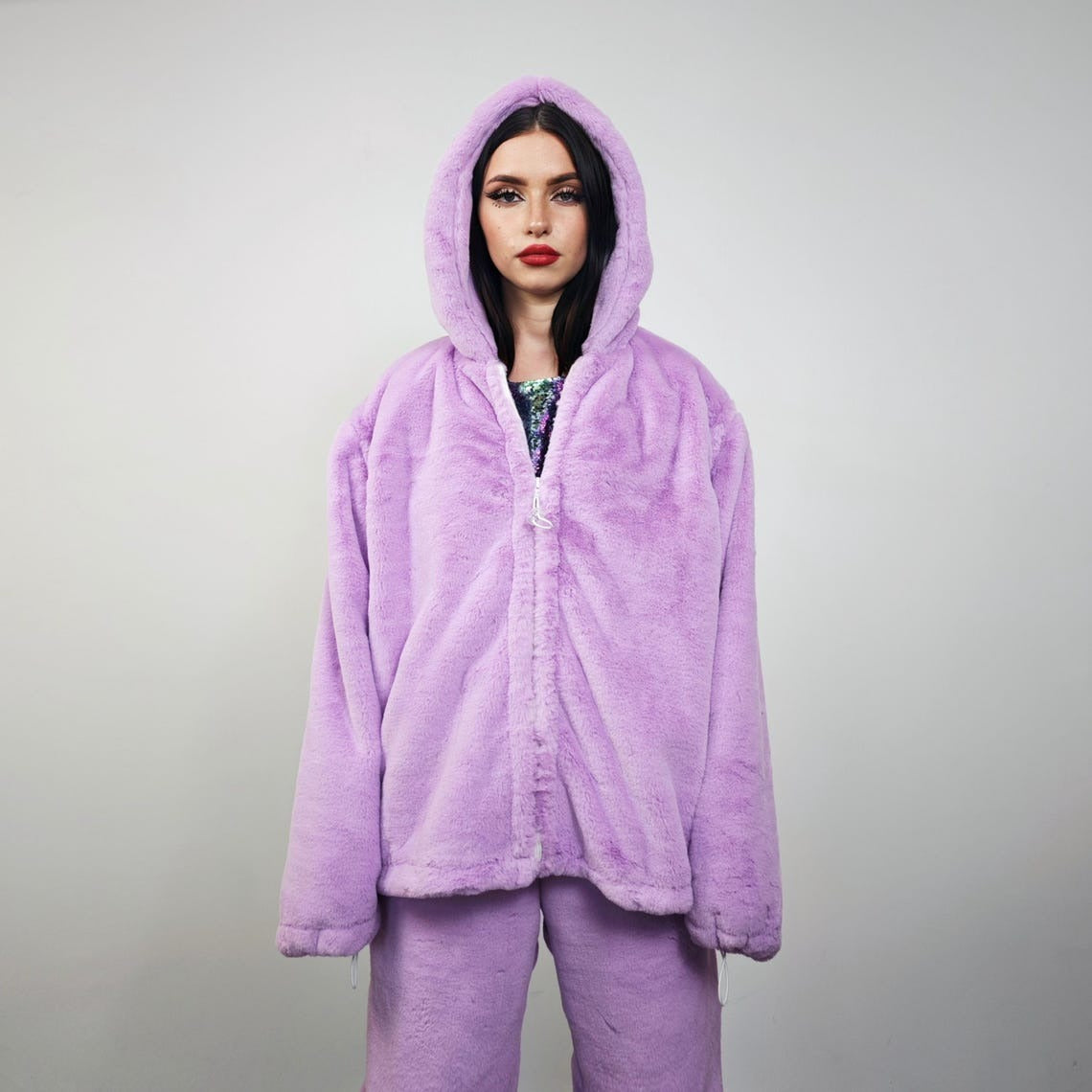 Faux fur joggers lilac soft fleece trousers luxury soft pants handmade party hotpants fluffy festival set raver tracksuit