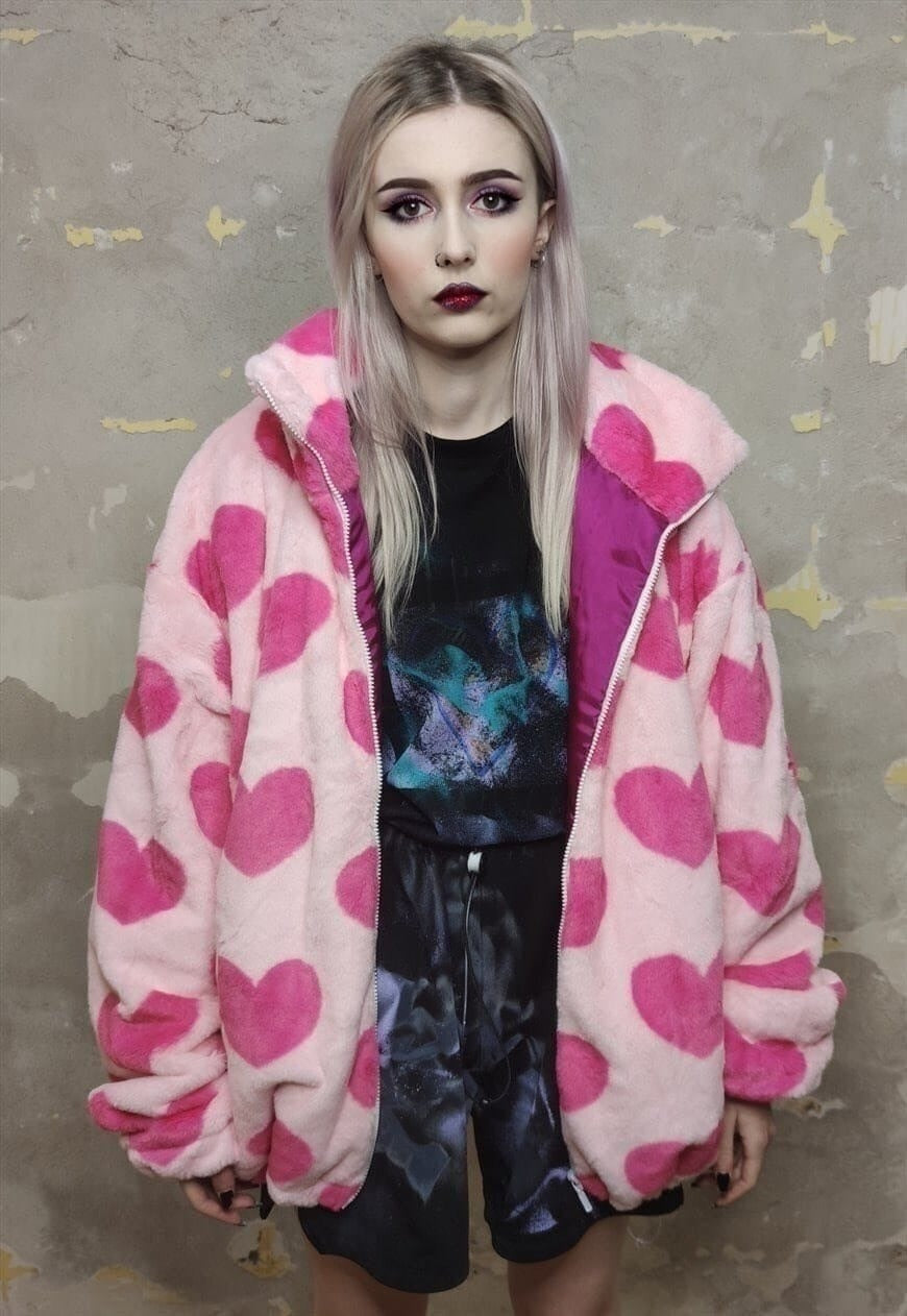 Heart fleece bomber handmade fluf love jacket in pastel pink