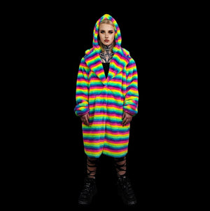 Rainbow coat hooded Gay pride trench striped rave bomber detachable fleece fluorescent festival bomber removable sleeves burning man jacket