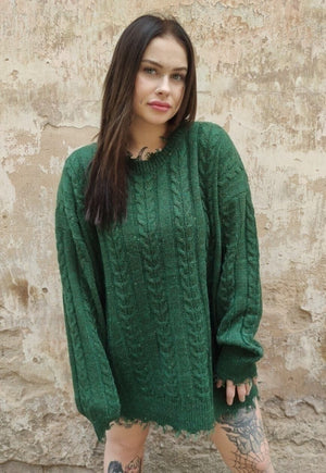 Cable knit sweater distressed top ripped jumper in green