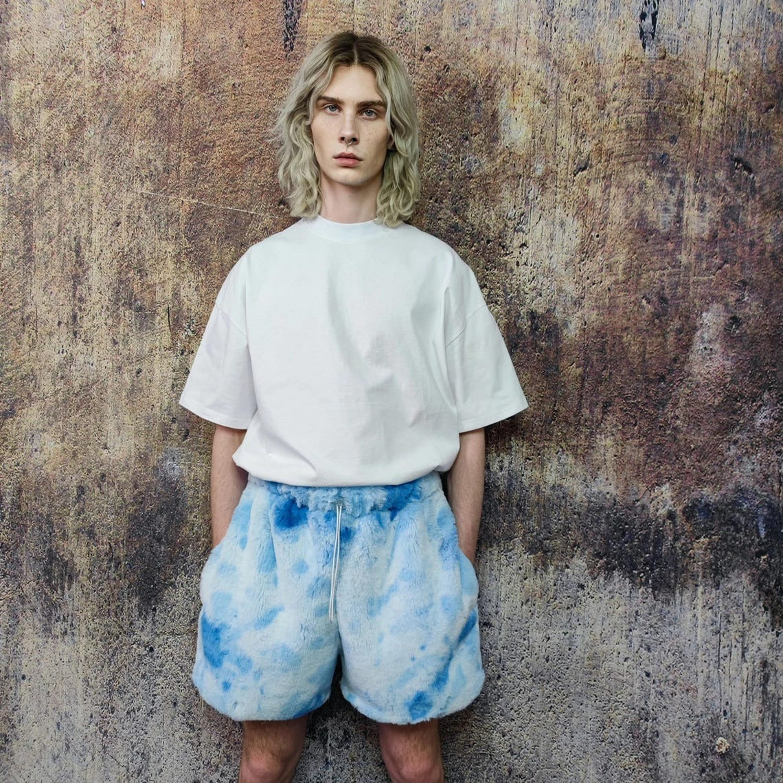 Blue tie-dye fleece joggers fluffy trousers luxury gradient pants handmade party fuzzy hotpants grunge festival set raver tracksuit