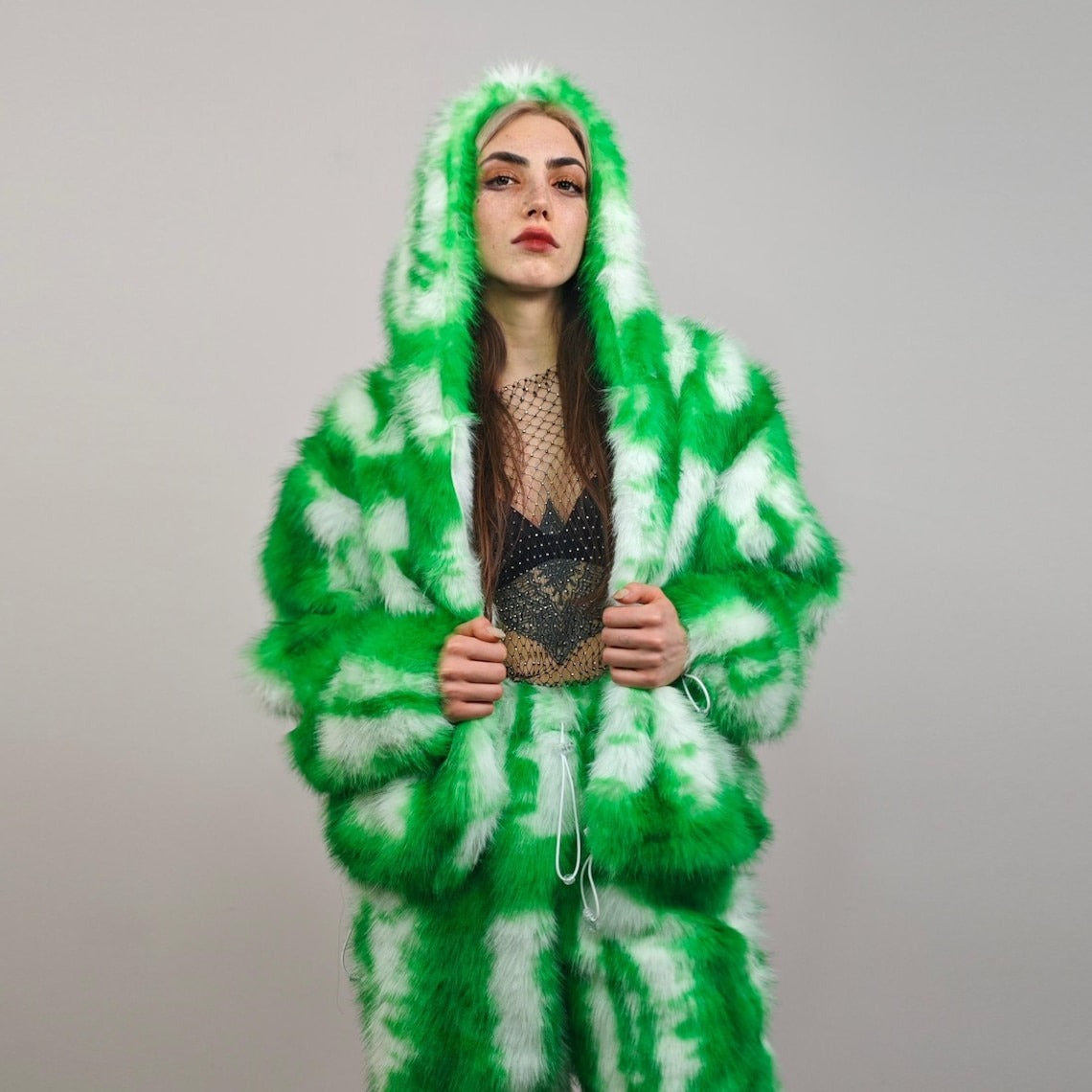 Green faux fur joggers tie-dye trousers abstract rave pants fluffy shorts custom festival bottoms burning man fleece set