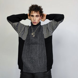 Grunge turtleneck hound-tooth sweater contrast stitching edgy jumper oversize knitted top raised neck sweat cable knitwear pullover in grey