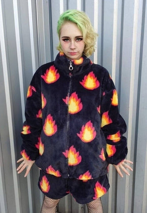 Flame fleece jacket handmade retro fire bomber black orange